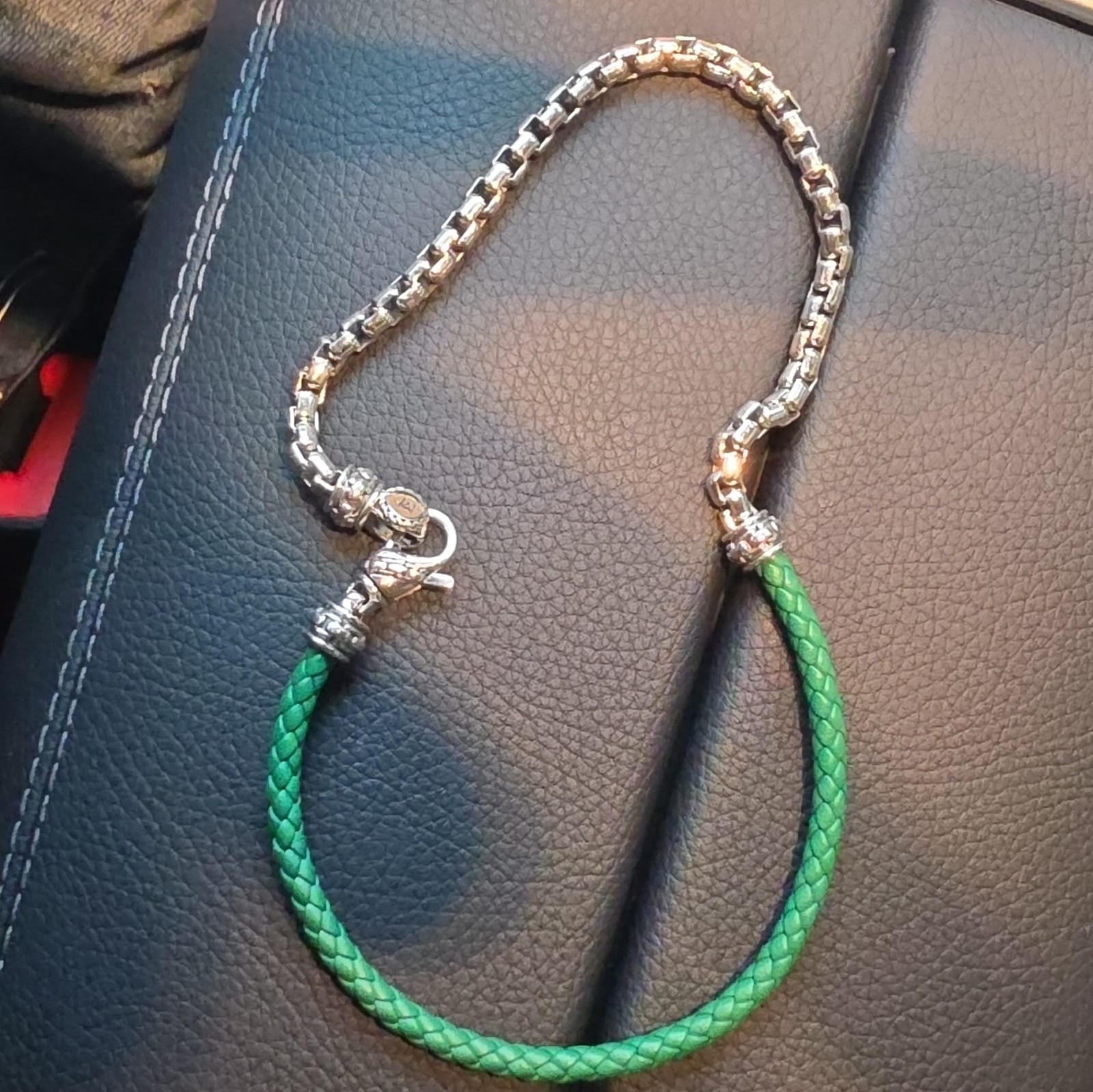 John Hardy Green Leather Bracelet Silver Box Chain Lobster Clasp