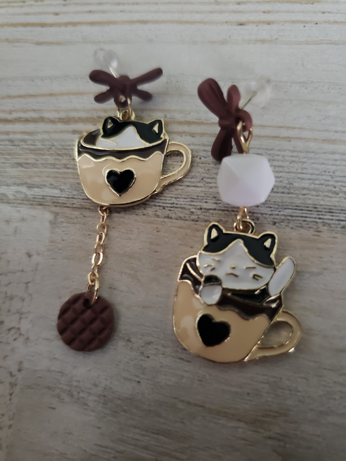 Cat earrings kitty coffee tea jewelry cute love gift bow sweet heart cream sugar
