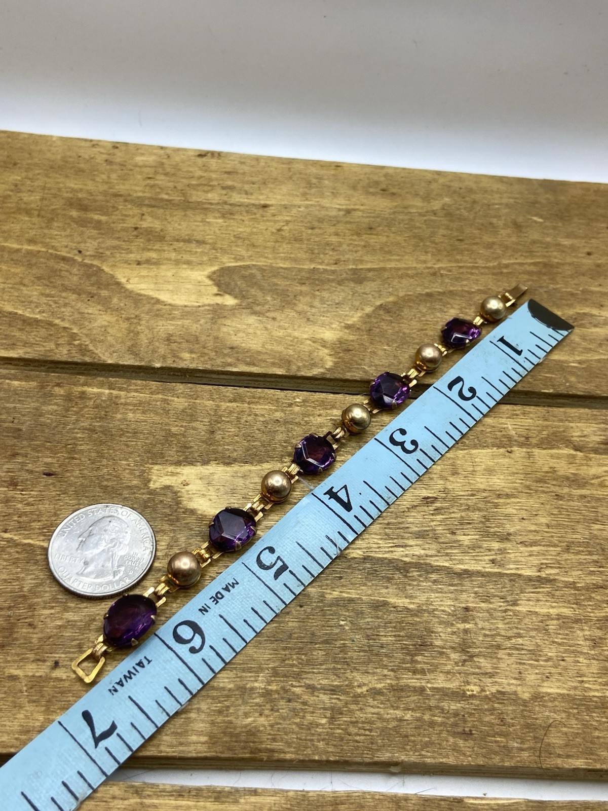 Vintage 1950s Bal-Ron Signed 12k GF Purple Czech Glass Bracelet 6.5”