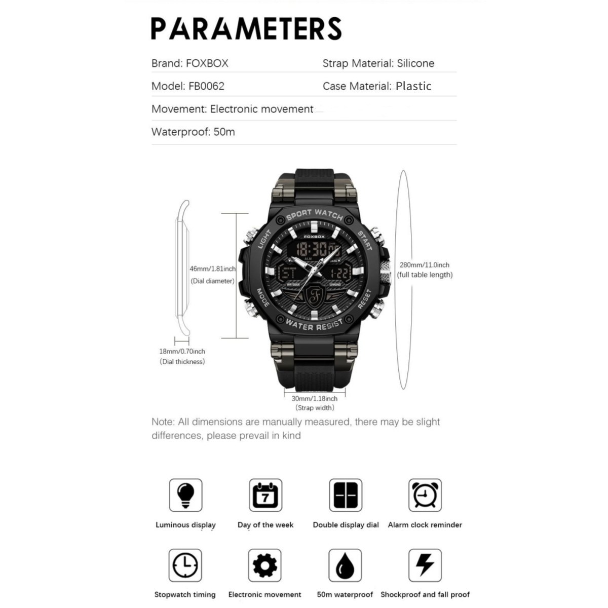 Men Watch Big Dial Quartz Digital Analog Luminous Waterproof Sport Wristwatch