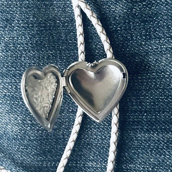 Vintage Style Heart Locket Bolo Tie White Leather Cord FREE SHIPPING