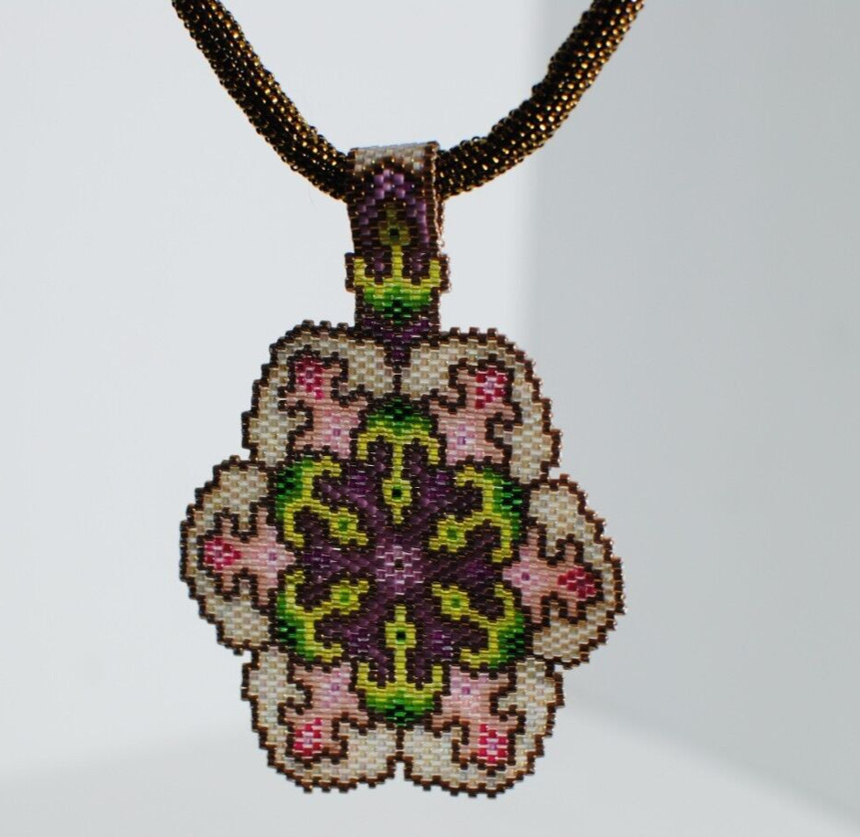 Hand Beaded Artist Design Multi Colored 3″ Pendant 24 inch Gold Beaded Chain