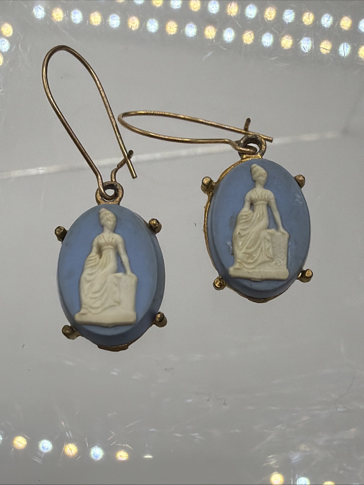 Light BLUE CAMEO EARRINGS Vintage Grecian Roman Woman Oval Hanging Wire Goldtone