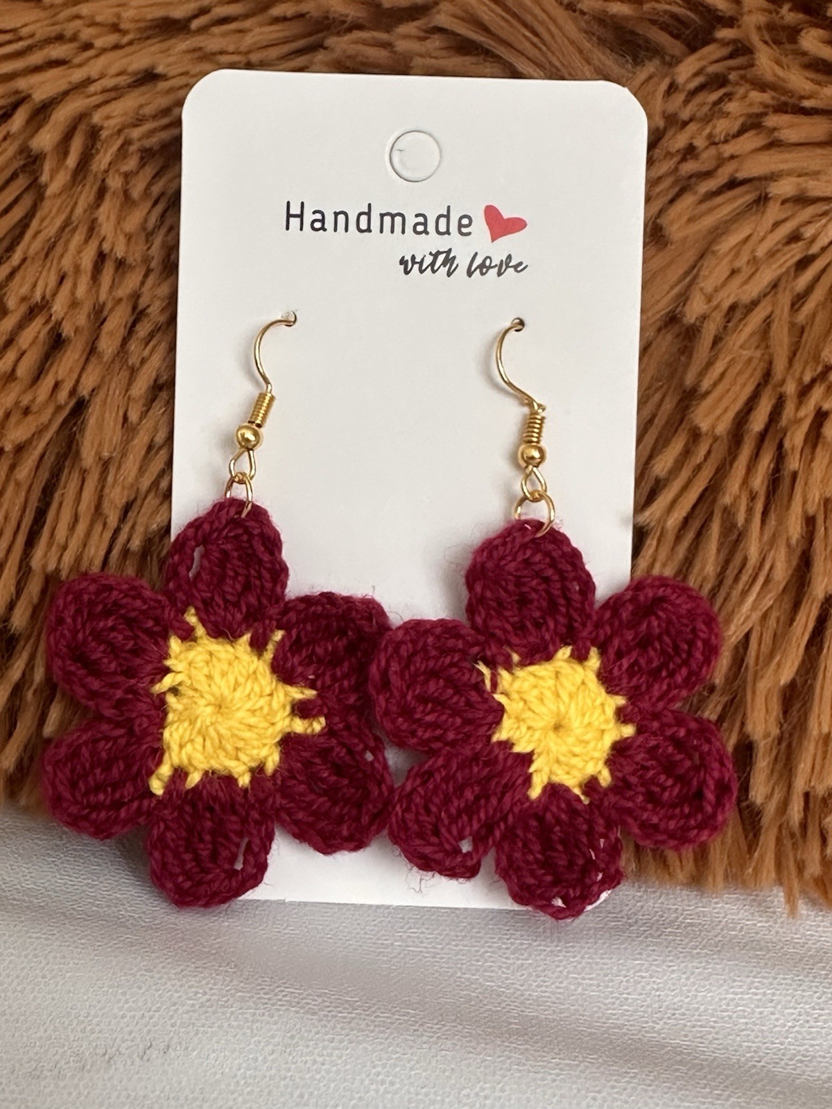 Handmade Crochet Flower Earrings – Maroon& Yellow Bloom