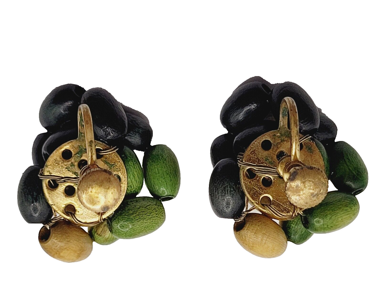 Hand Beaded Wood Bead Olive Black Tan Oval Cluster MCM 1950s Screw Back Earrings