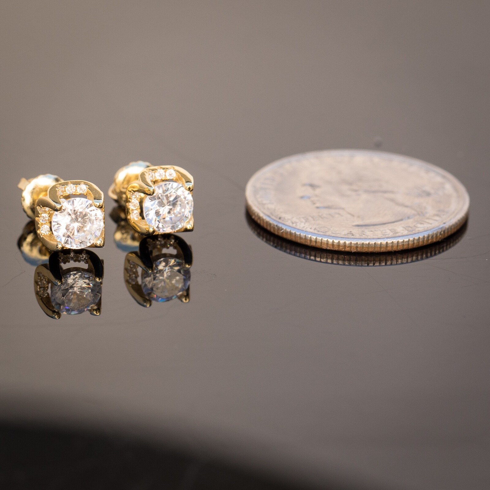 Small 14K Gold Plated 4 Prong Mens Round Cut Small Iced Stud Screw Back Earrings