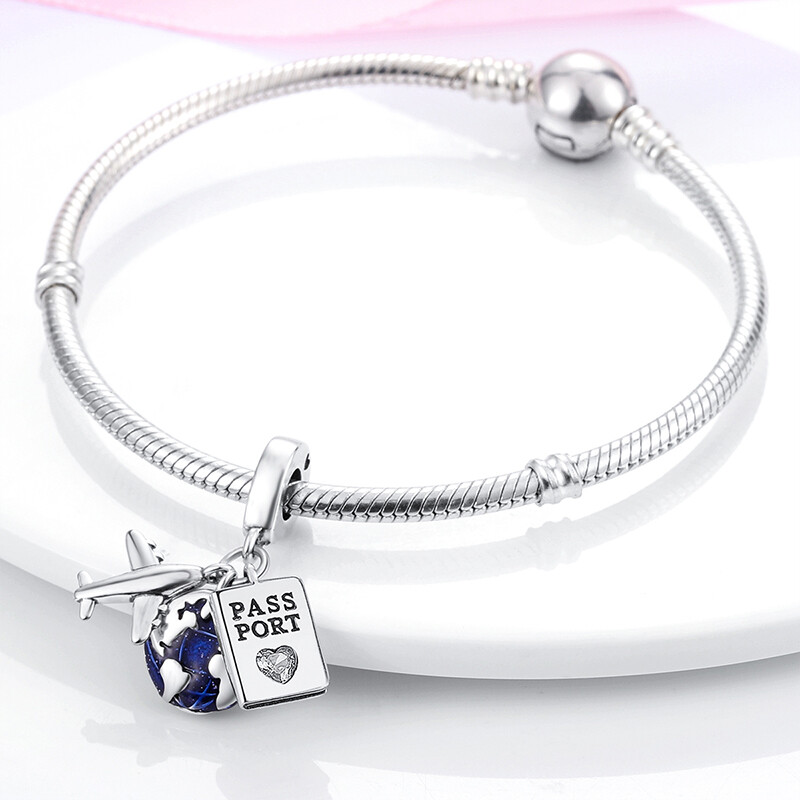 MULA Airplane Passport Earth DIY Charm CZ Enamel For Bracelet 925 Silver Plated