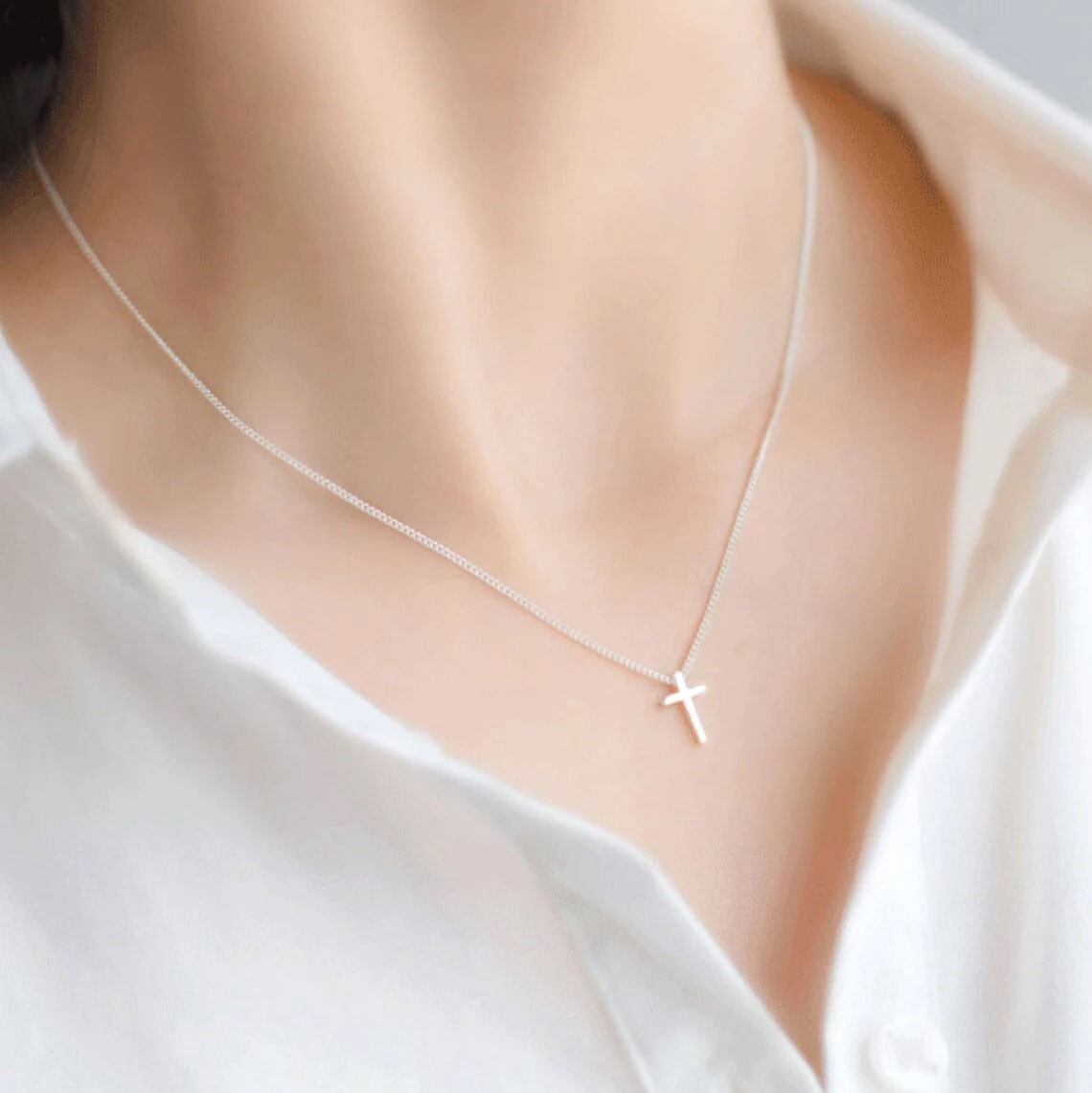 16″+2″WOMEN 925 STERLING SILVER SMALL PLAIN CROSS PENDANT CHAIN NECKLACE*AWN15