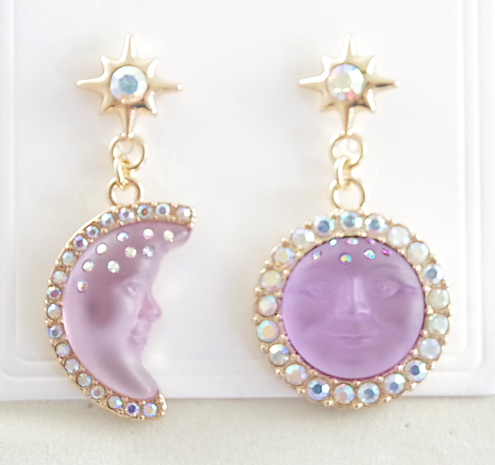2″ KIRKS FOLLY PURPLE SEAVIEW MOON FACE CRYSTAL RHINESTONE DROP DANGLE EARRINGS