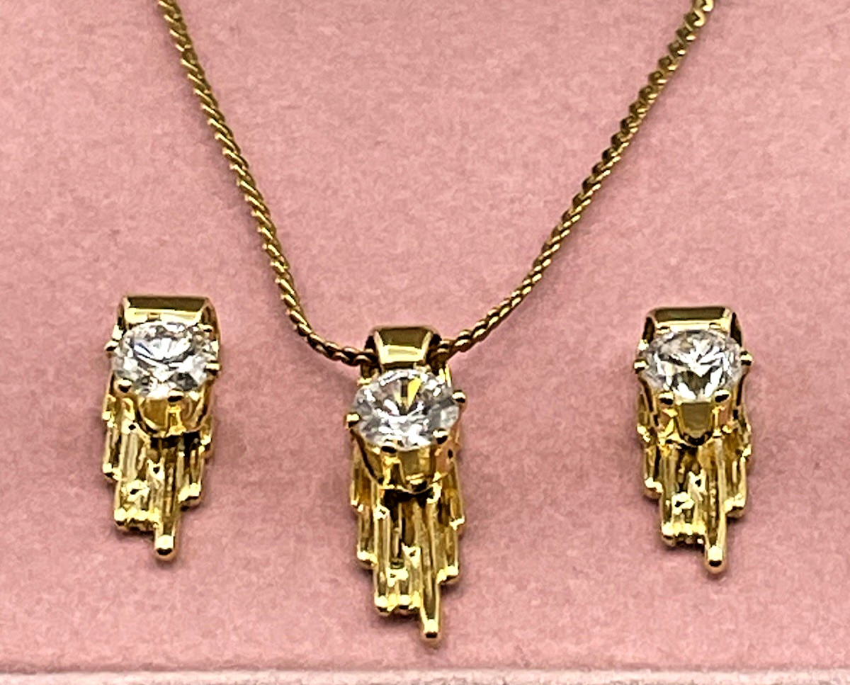 Vintage Art Deco Crystal Waterfall Fringed Gold Tone Jewelry Set