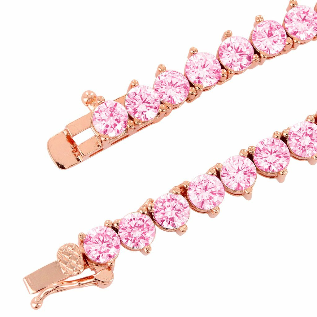 3 Prong 4MM Tennis Chain Necklace Rose Gold Finish Pink Lab Diamonds 18-24”