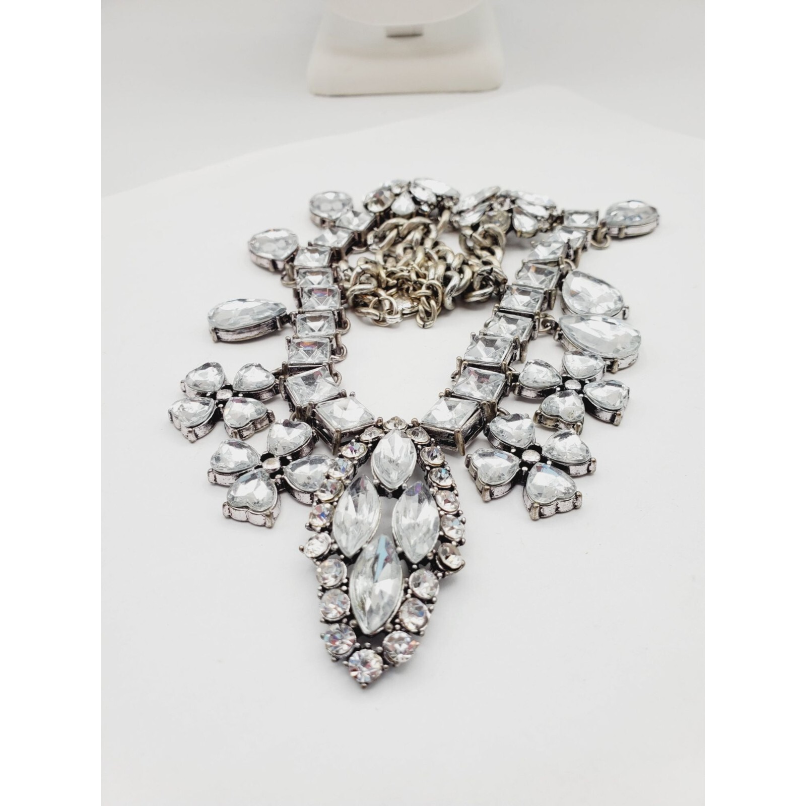 Statement silver tone Rhinestone flower square tear drop pear Necklace 18″