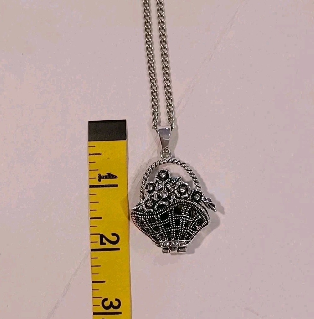 STRADA Silver Tone S. Steel Necklace Locket Watch Floral Design & Rhinestones