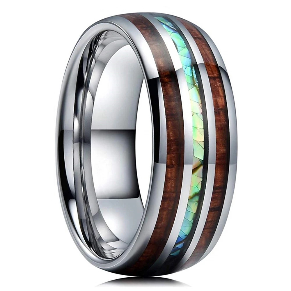Stainless Steel Abalone Shell Ring 8mm Purple Polished Wedding Band Men