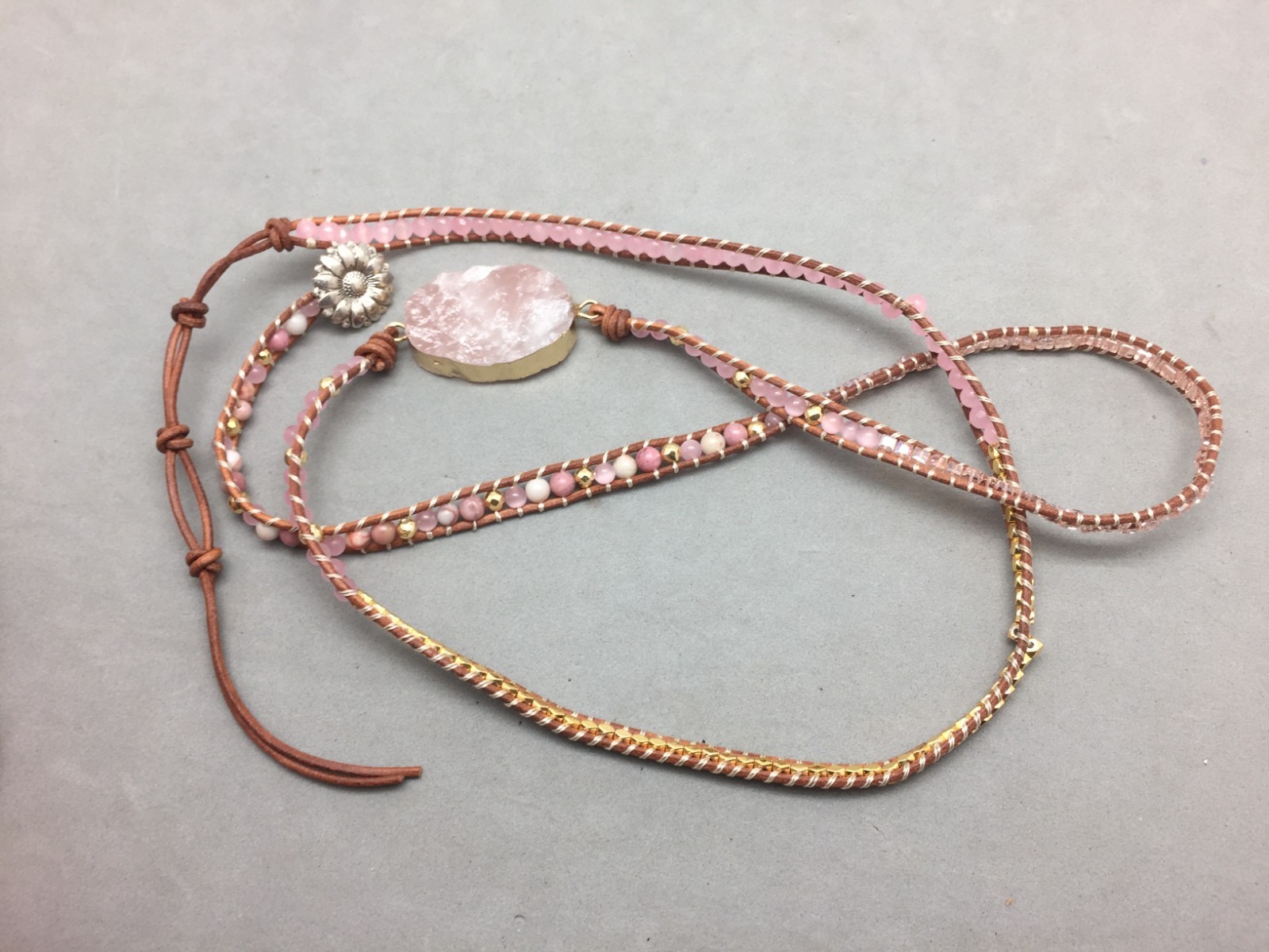 Natural Rose Quartz Crystal Beaded Leather Wrap Bracelet Heart Chakra Rhondonite