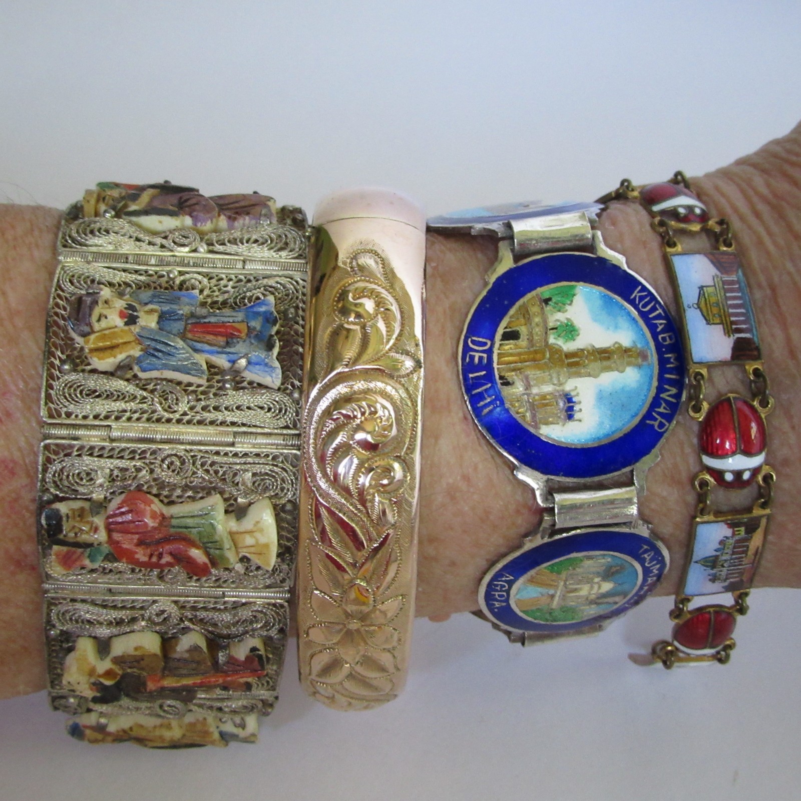 VTG Art Deco Silver Enamel India Souvenir Bracelet Taj Mahal Golden Temple Delhi