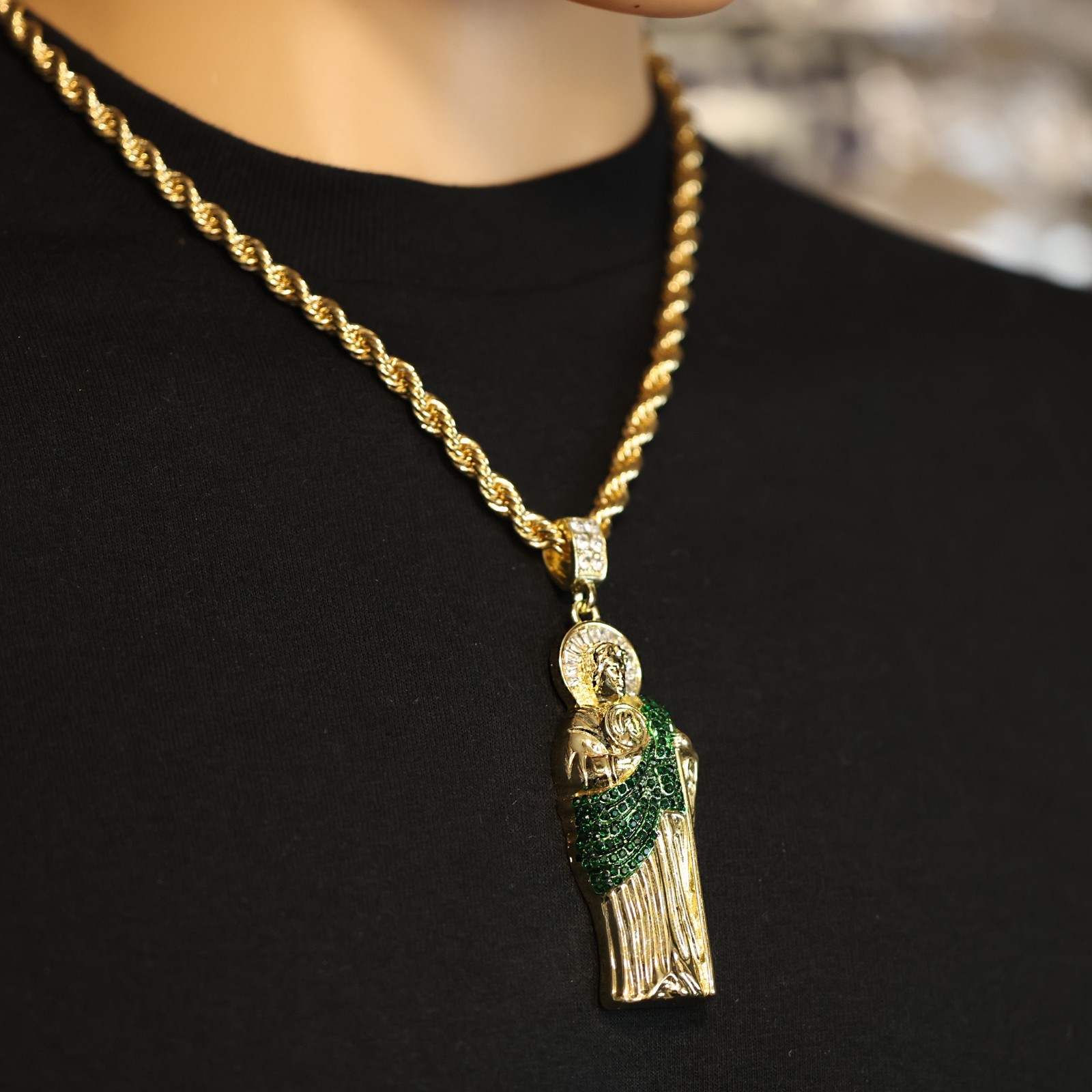 14K Gold Plated San Judas Pendant Necklace with Iced Out CZ, Rope Chain Large GR