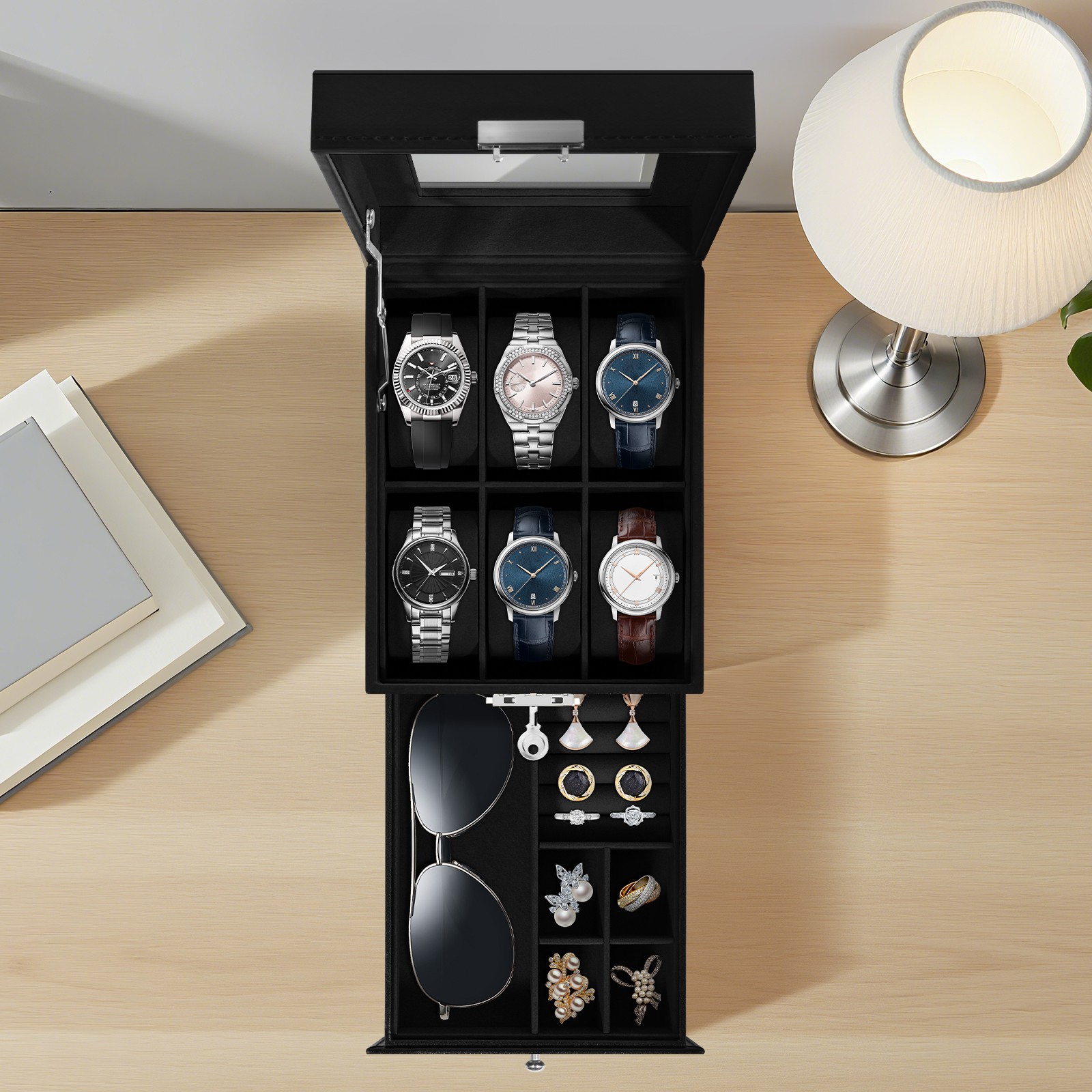 6 Slots Watch Box PU Leather Watch Case Jewelry Storage Glass Lid Display Case