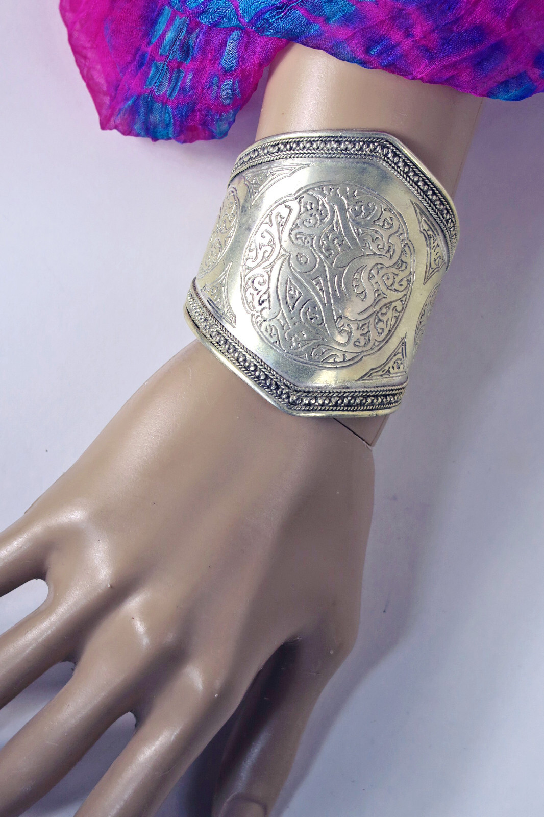 Big Ornately-Engraved Afghan Cuff Bracelet – Handmade Silver Plated #4720