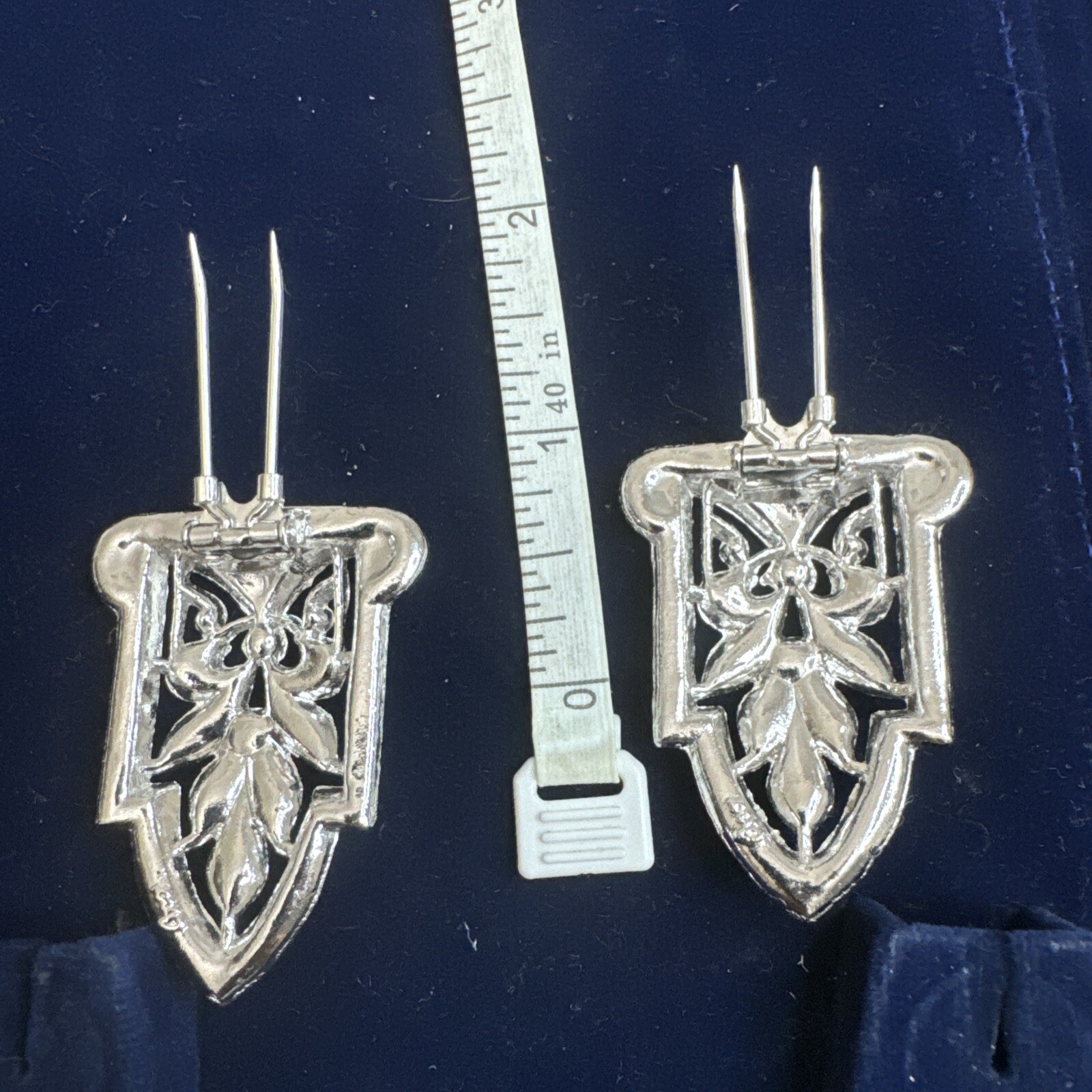 Coro Duette 1940’s Set Of Two Floral Fur Clips Silver Tone Clear Rhinestones
