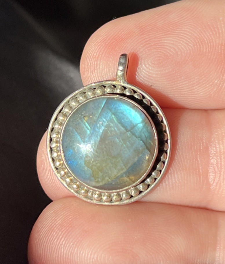 Round Labradorite Pendant with Silver Dot Accents 925 Sterling Silver