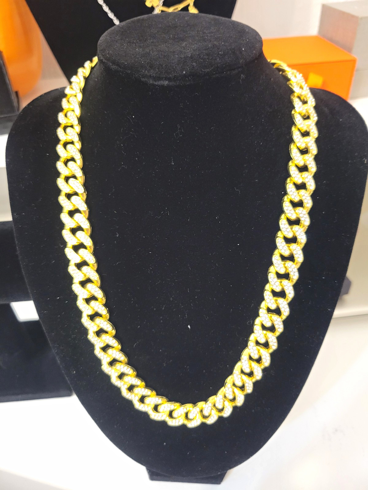 Gold Plated Iced Out Cuban Link Chain Necklace White Crystal Pavé Box Clasp