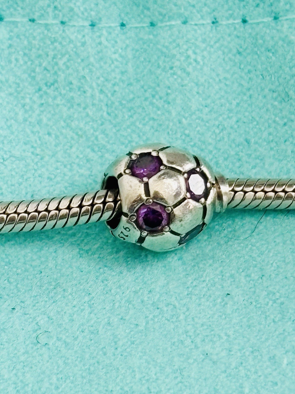 PANDORA Sterling Silver S925 Charm Soccer Ball with Amethyst Stones