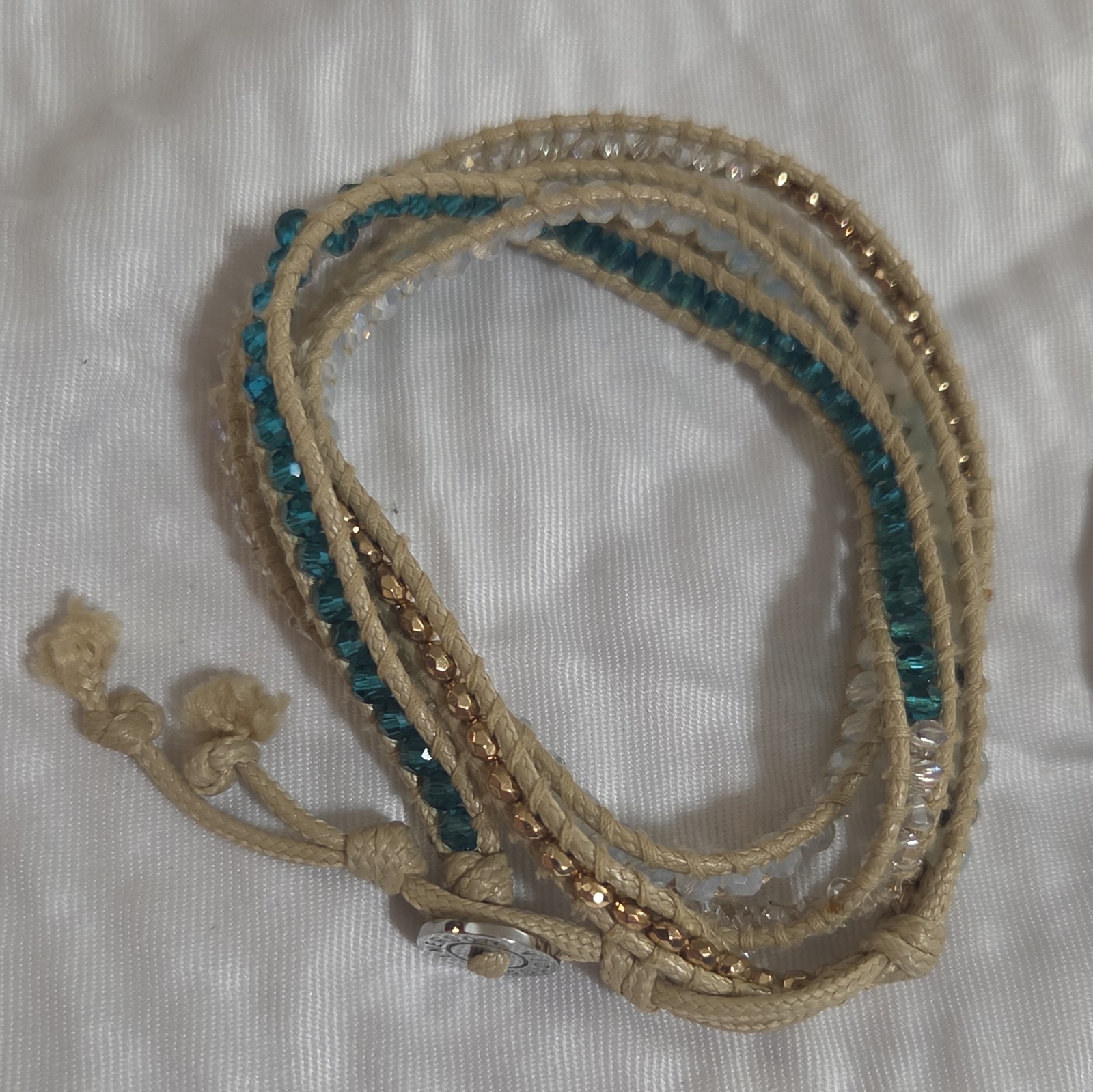 Victoria Emerson Beige Cord Wrap Bracelets Turquoise/Gold Button
