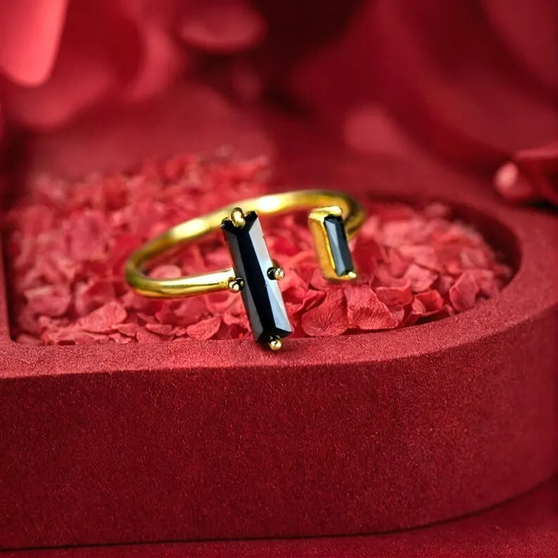 Black Obsidian Bar 18K Gold Dainty Minimalist Healing Women Open Size Ring Gifts