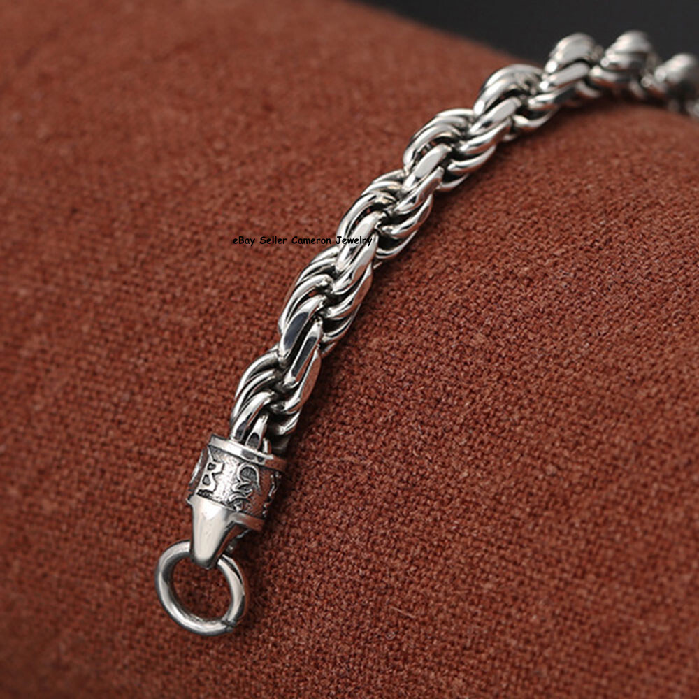 Pure S925 Sterling Silver Chain 4mm Lucky Twist Rope Link Bracelet 6.7-8.3inch