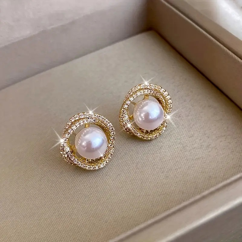 Gold Round Diamante & Pearl Studs Earrings (Free Gift Box Included)