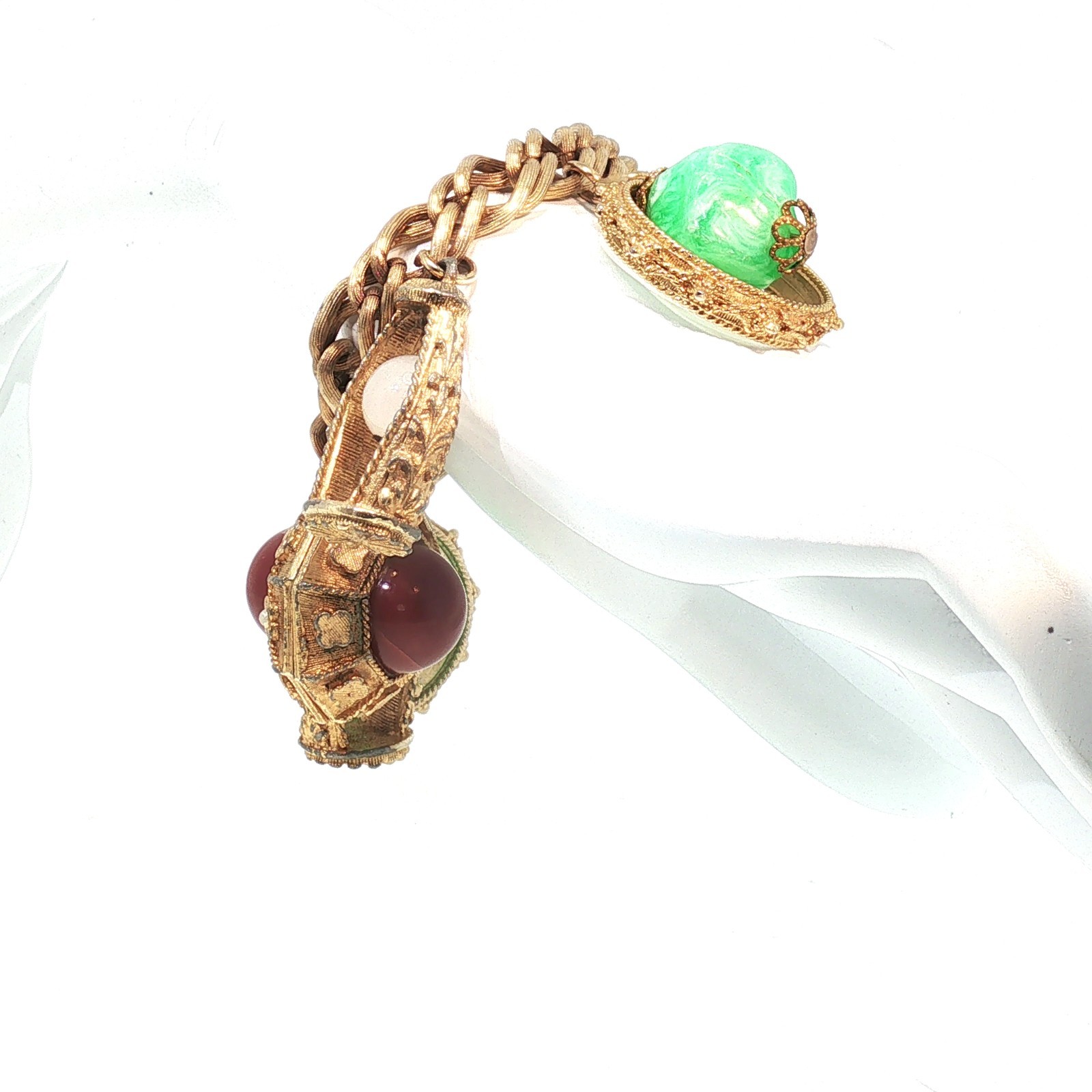 Vintage Etruscan Revival Charm Bracelet Gold Tone Curb Chain Fob Lantern 50s 60s