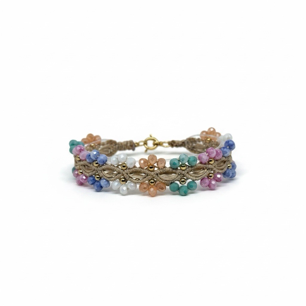 Handcrafted Macrame Bracelet Cream Crystal Flowers Gold Filled Adjustable 16-22