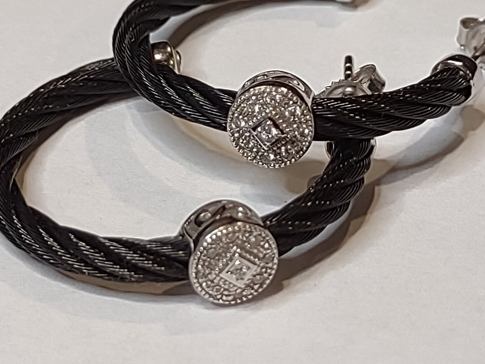 Charriol Black Steel Cable Hoop Earrings With 18Kt White Gold And Diamonds