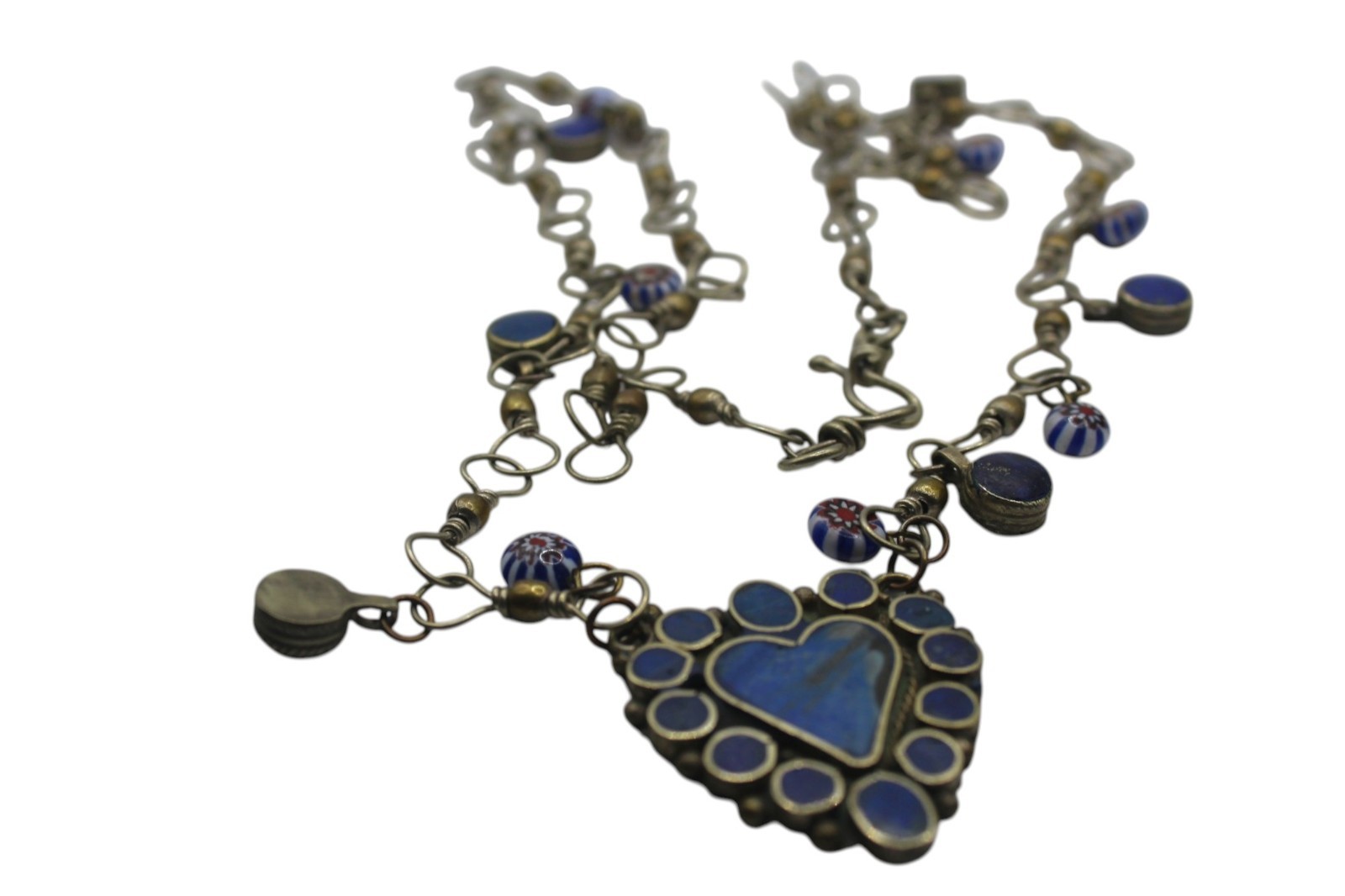 Vintage Afgan Lapis Lazuli inlay Heart Necklace Milifori Bead Tribal Ethnic 32in