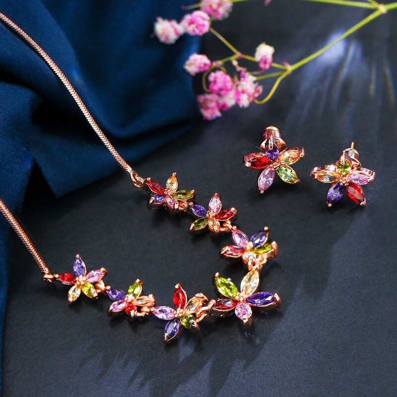 Fancy Multicolor Rose Gold Plated Flower Earrings Pendant Necklace Jewelry Set