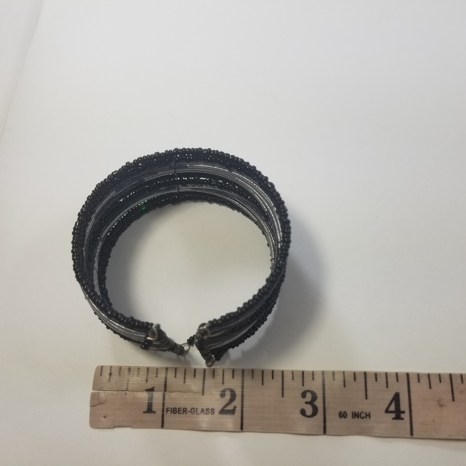Beaded Wrap Cuff Bracelet Silver Tone Black Seed Beads, Flexible Fit, 1.5″ wide