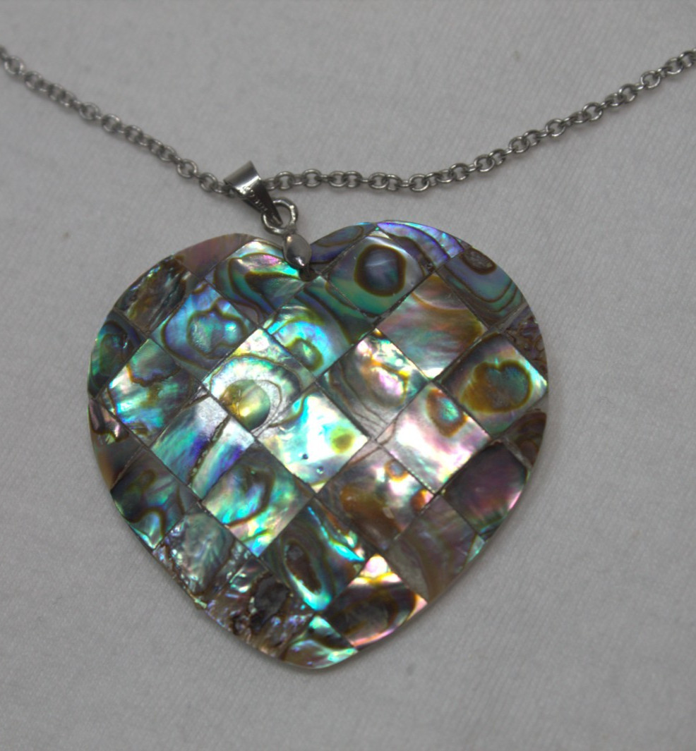 Abalone shell Heart Pendant 100% shell mosaic pattern with silver tone chain
