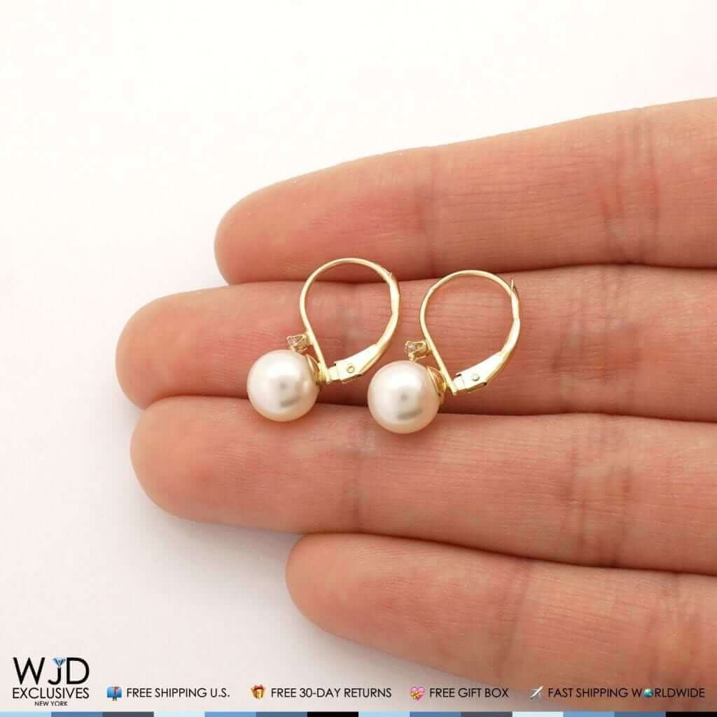 14K Solid Yellow Gold 7mm Diameter Ball Pearl And Zircon Leveback Earrings