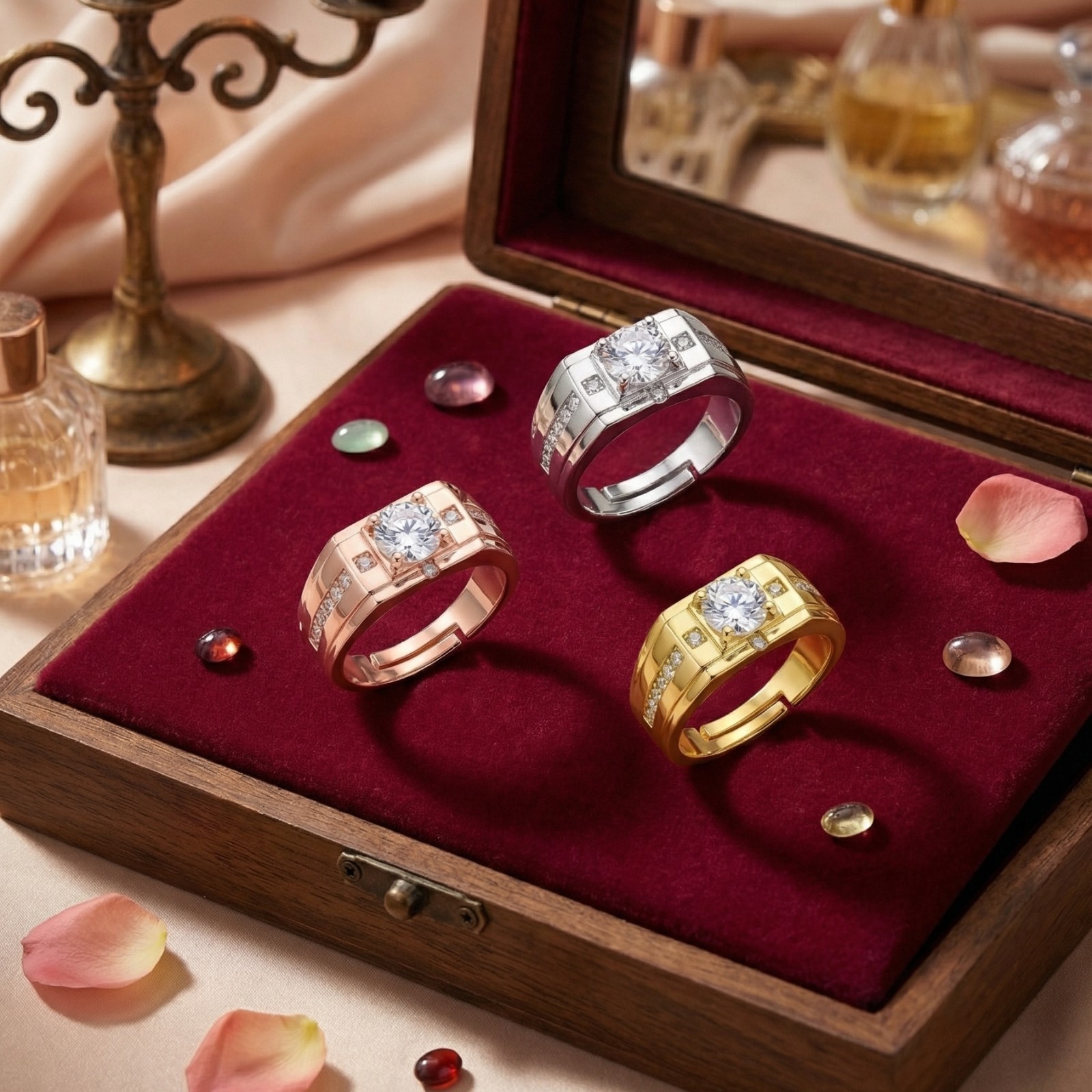[US STOCK] Mens 18K Gold Plated Stainless Steel Ring Round CZ Square Frame Band
