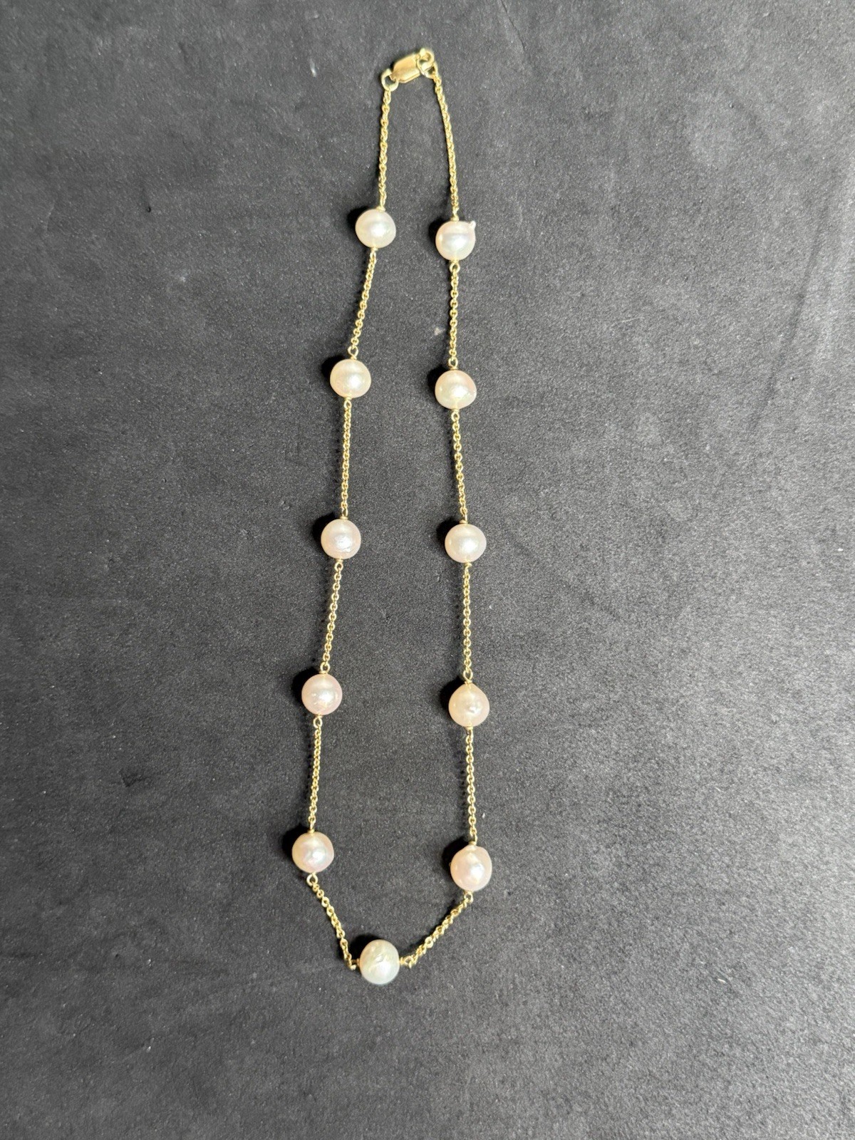 18K Yellow Gold JSP Tested Pearl Station Necklace 11 Real Pearls 12g
