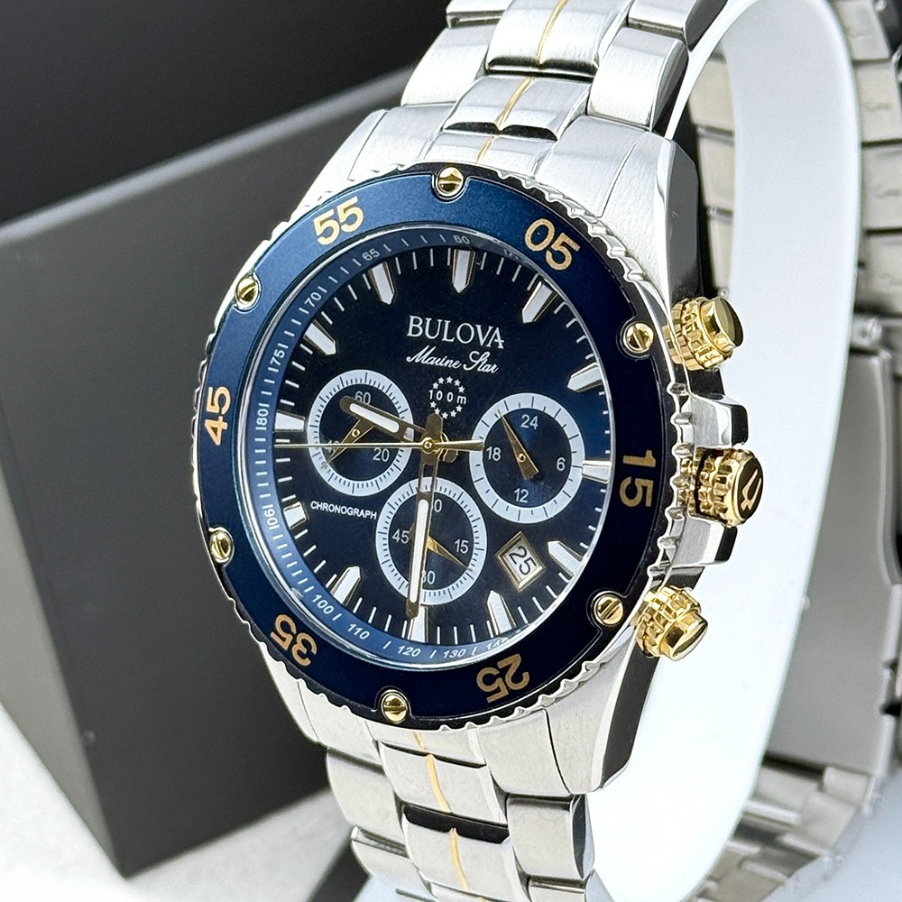 Bulova Men’s Marine Star 98B400 Chronograph Blue Dial Steel Quartz Watch 41.5mm