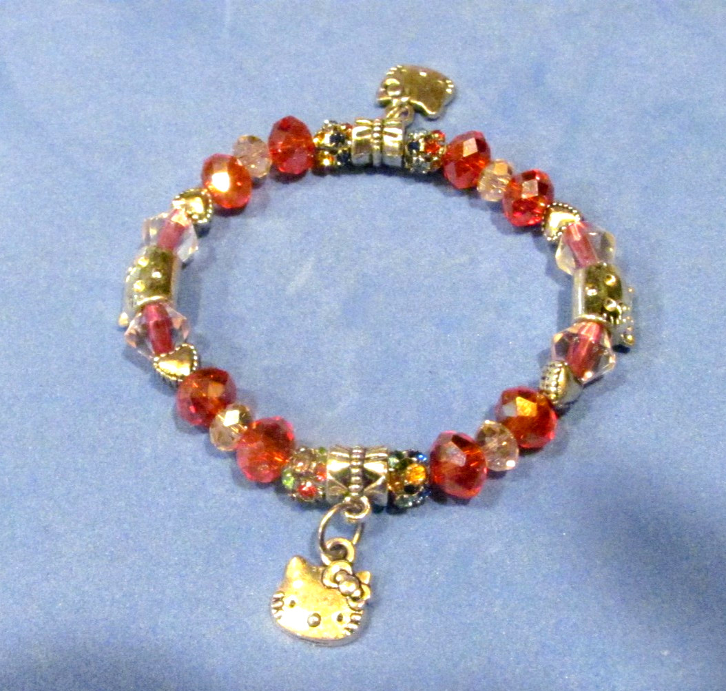 Hello Kitty Bracelet with Red & Pink Crystal, Glass Beads, Stretch Design