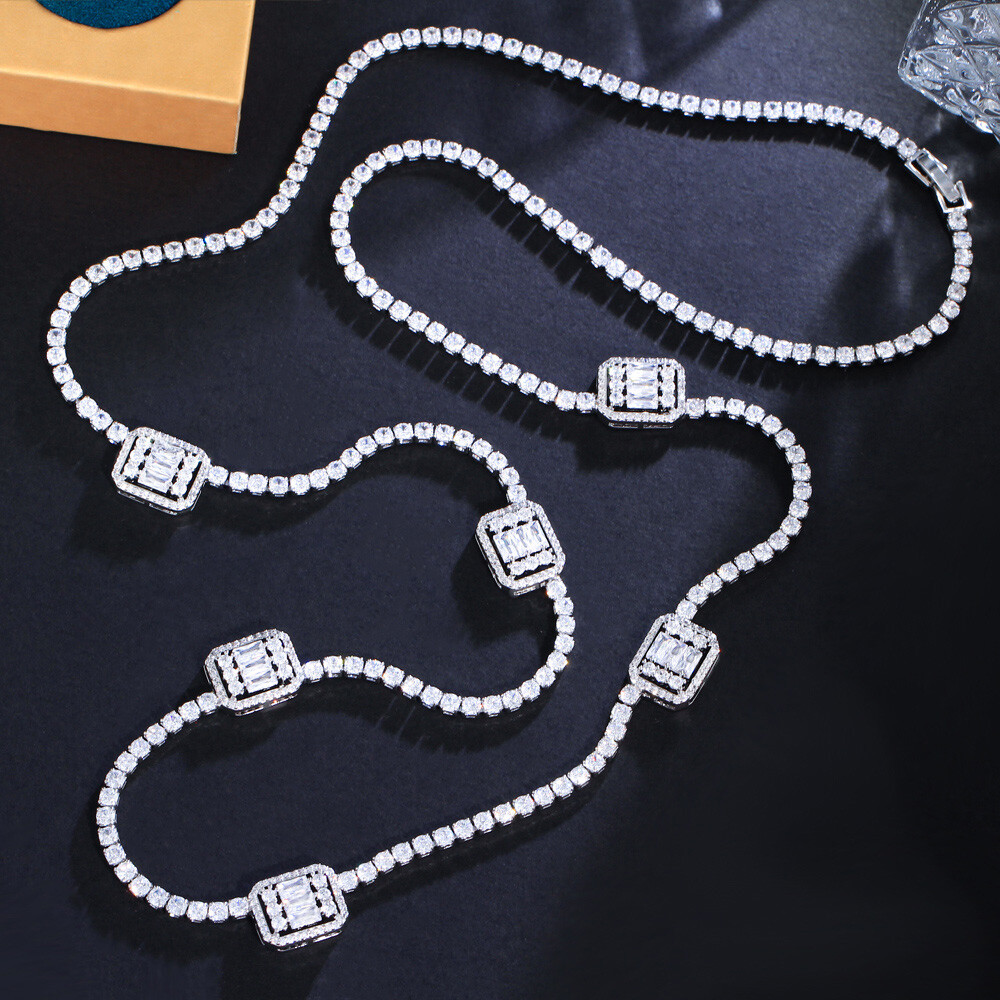 82cm Silver Plated Baguette Cubic Zirconia Long Sweeter Necklace Women Jewelry