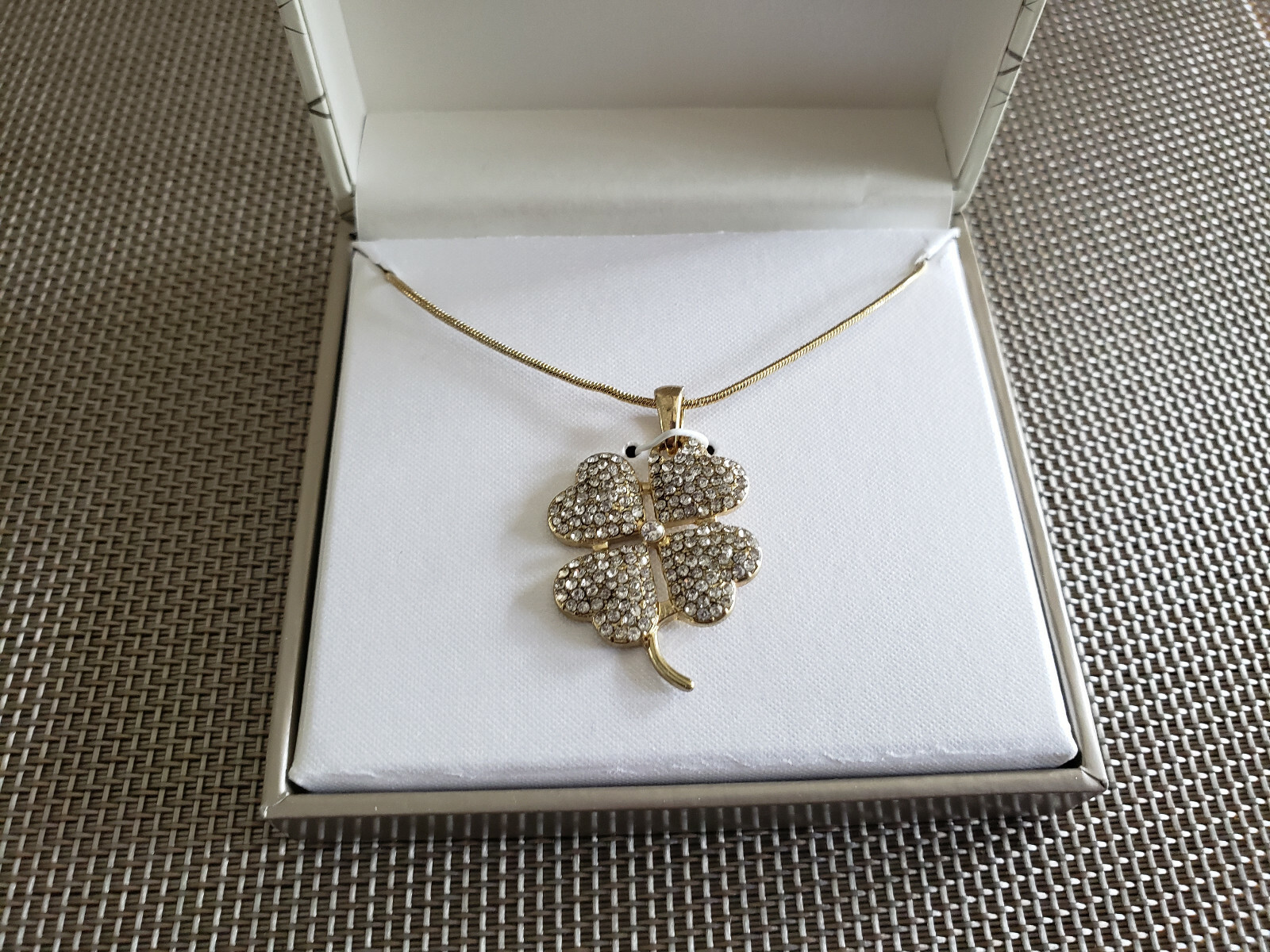 Four Leaf Clover Shamrock St Patricks Necklace Crystals Gold Tone Gift Box