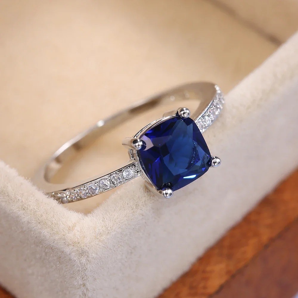 925 Sterling Silver Rings Blue Oval Zircon Women Fashion Jewelry Ring Size 5-10