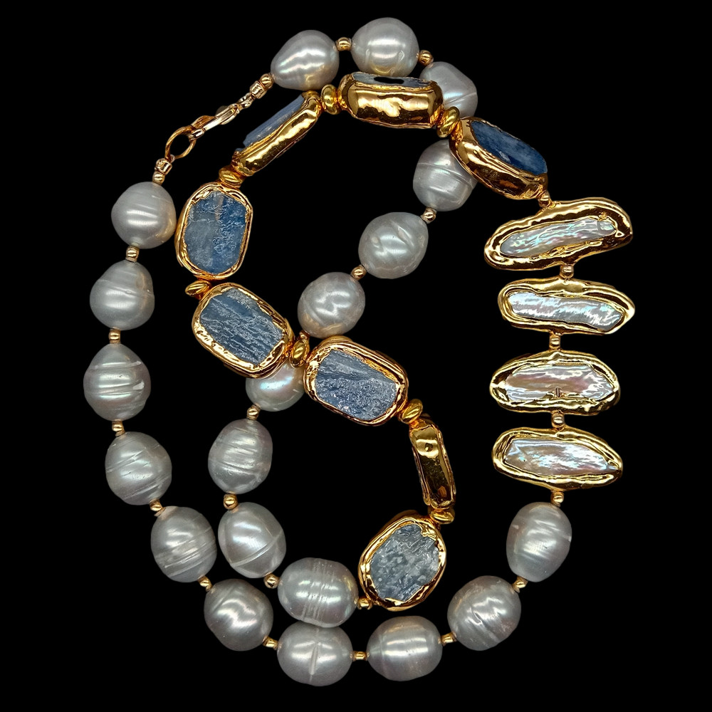 Freshwater Cultured Gray Rice Pearl White Biwa Pearl Blue Kyanite Necklace 23″