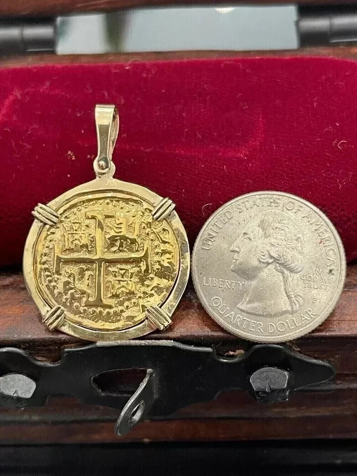 30MM Atocha Coin Lab Created Charm Pendant Without Stone 14K Yellow Gold Plated