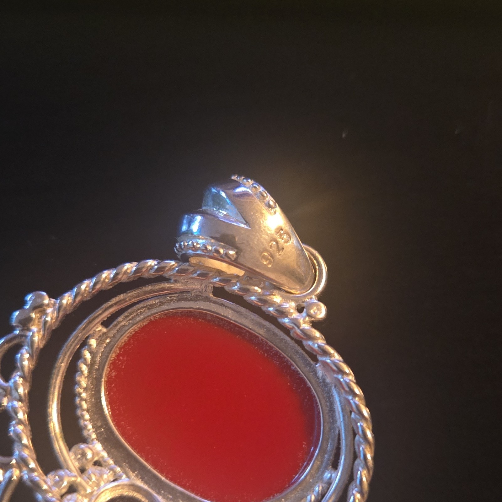 Red Oval Coral Cabochon Pendant in Silver Bezel Setting, Filigree Style