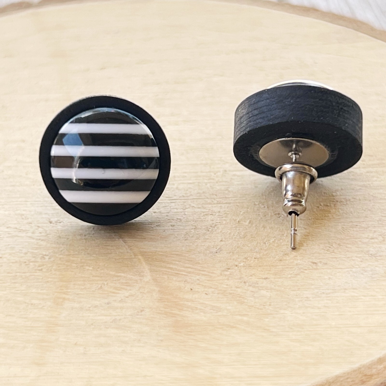 Black and White Striped Stud Earrings Black Wood Stainless Steel Post Earrings